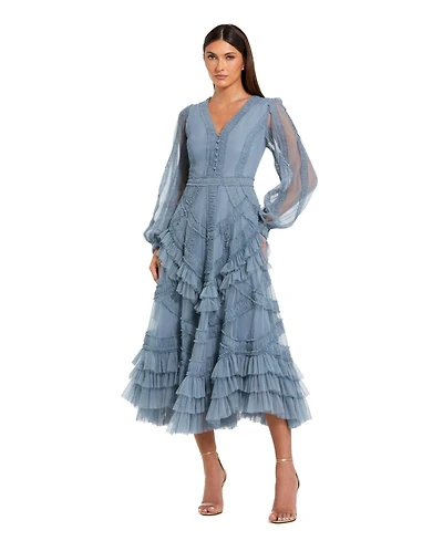 Mac Duggal Women's Long Sleeve V Neck Mesh Micro Ruffle Midi Dress