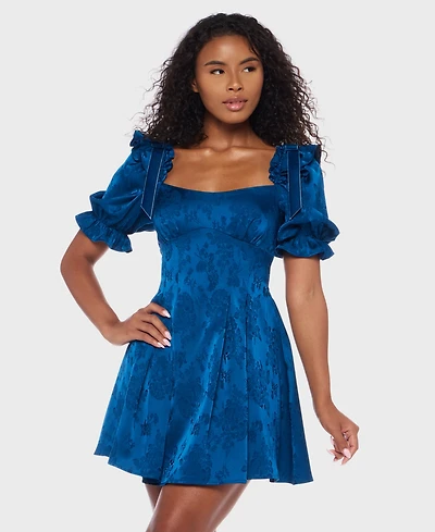 B Darlin Women's Puff Sleeve Pleated Short Dress