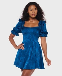 B Darlin Women's Puff Sleeve Pleated Short Dress