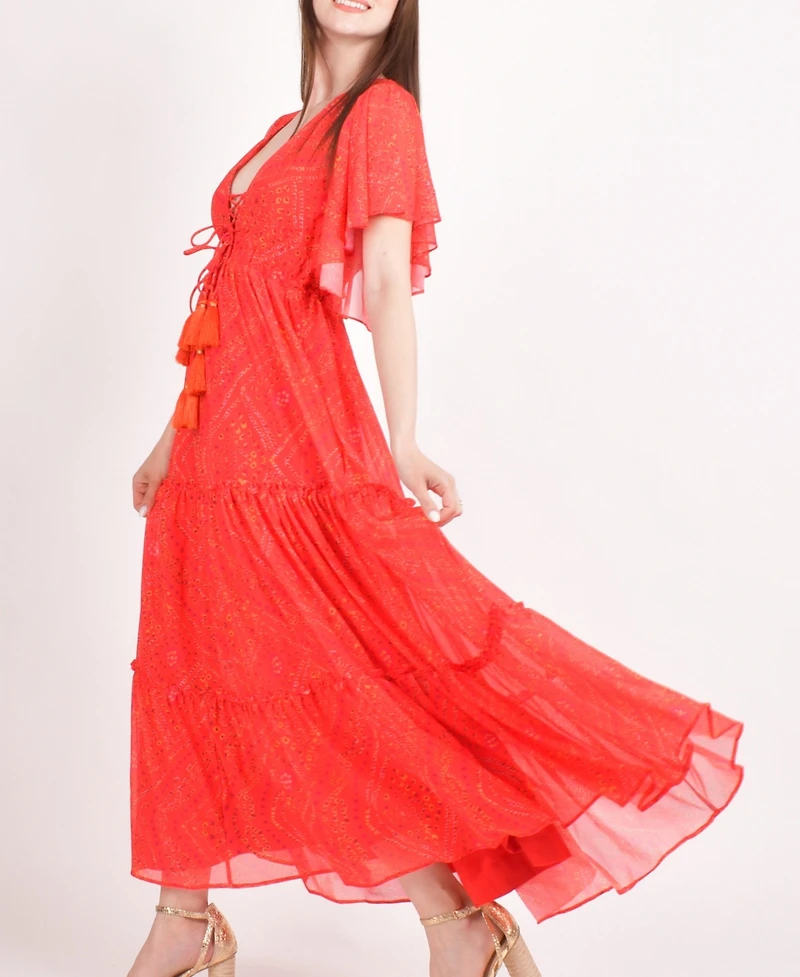 Raas Women's Red Tiered Maxi Dress