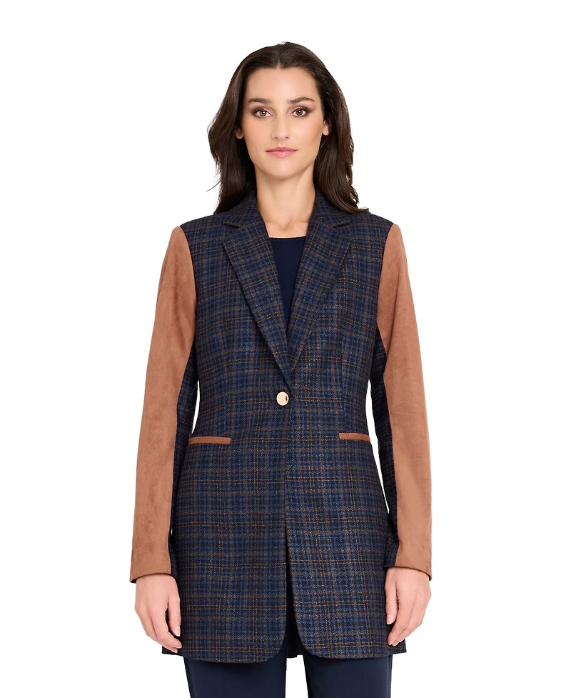 Tahari Asl Women's Mixed Media Plaid One-Button Jacket with Suede Sleeves