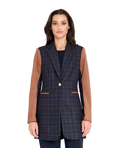 Tahari Asl Women's Mixed Media Plaid One-Button Jacket with Suede Sleeves