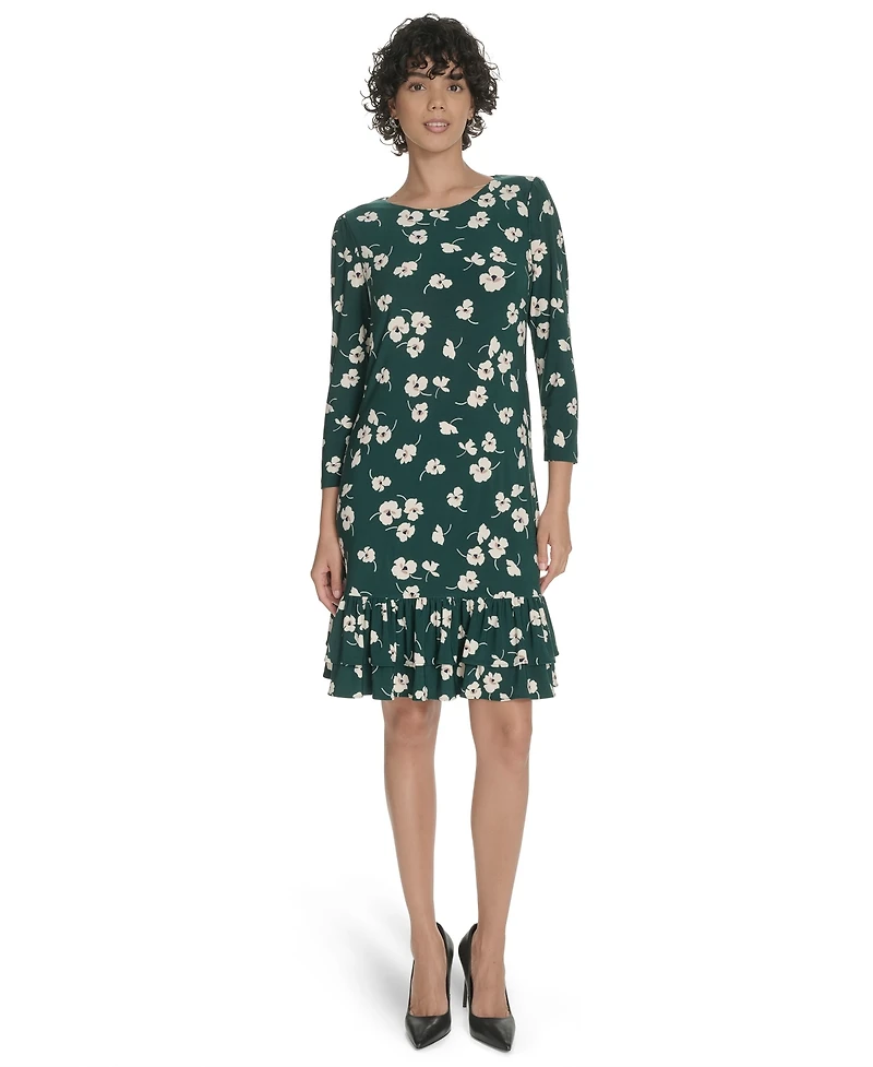 Tommy Hilfiger Women's Crewneck Printed Ruffled Hem Dress