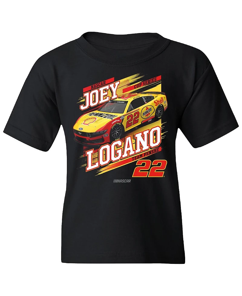 Team Penske Big Boys and Girls Black Joey Logano Shell-Pennzoil Car T-Shirt
