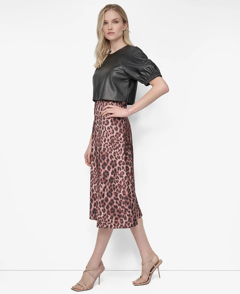 Dkny Women's Short Sleeve Jewel Neck Mixed Media Midi Dress