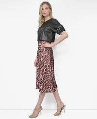 Dkny Women's Short Sleeve Jewel Neck Mixed Media Midi Dress