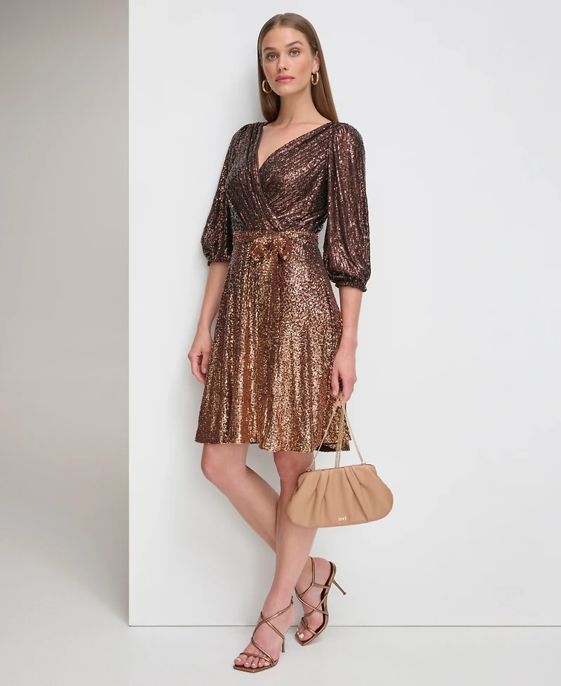 Dkny Women's Long Sleeve Ombre Faux Wrap Sequin Dress