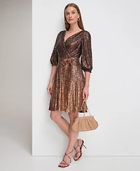 Dkny Women's Long Sleeve Ombre Faux Wrap Sequin Dress