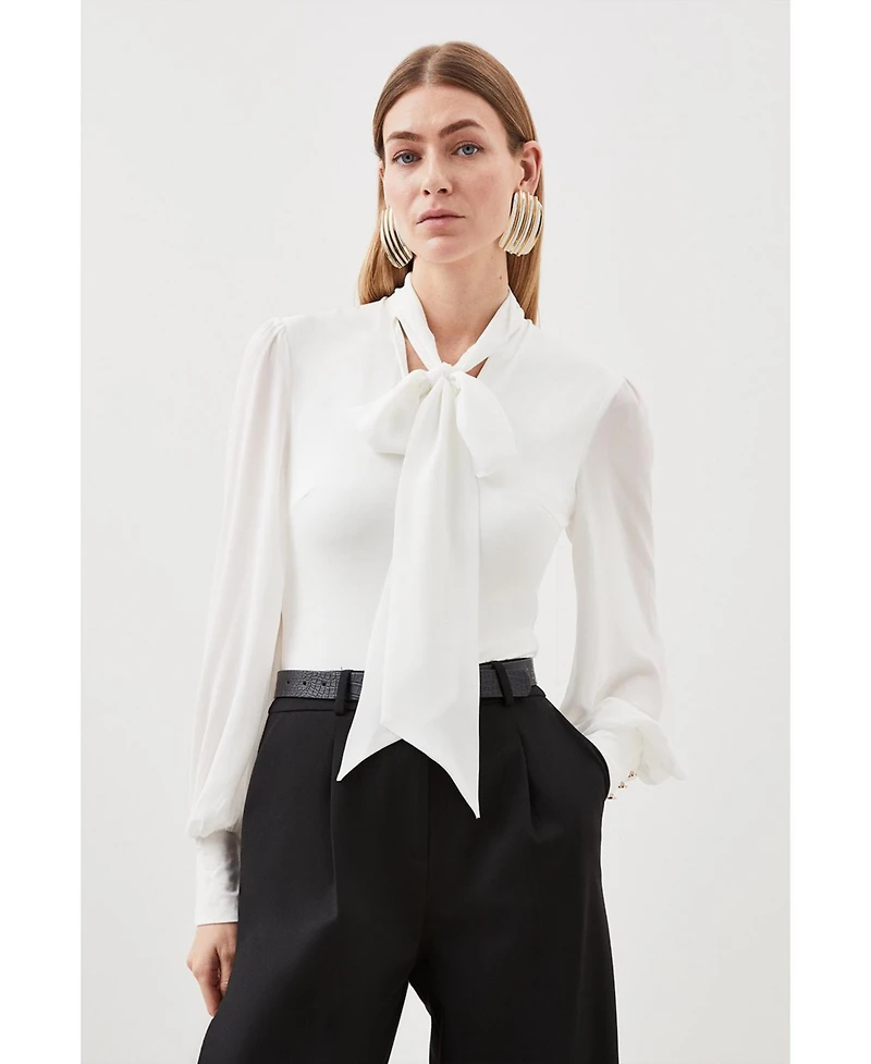 Karen Millen Women's Tie Neck Long Sleeve Bodysuit