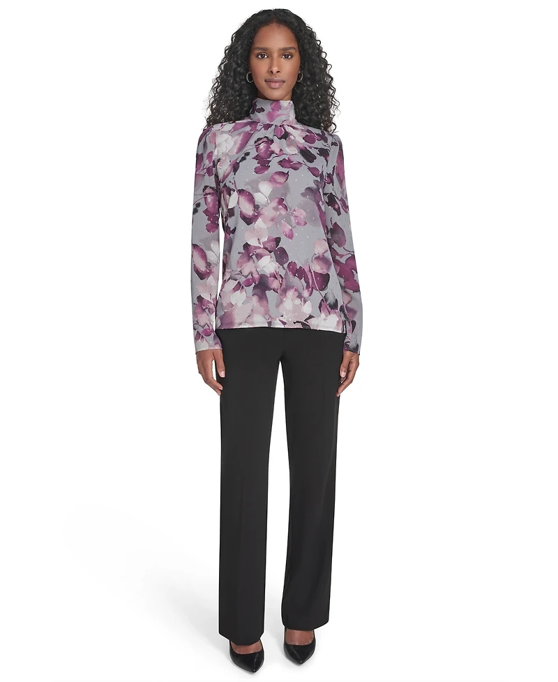 Calvin Klein Women's Mock Neck Long Sleeve Chiffon Blouse