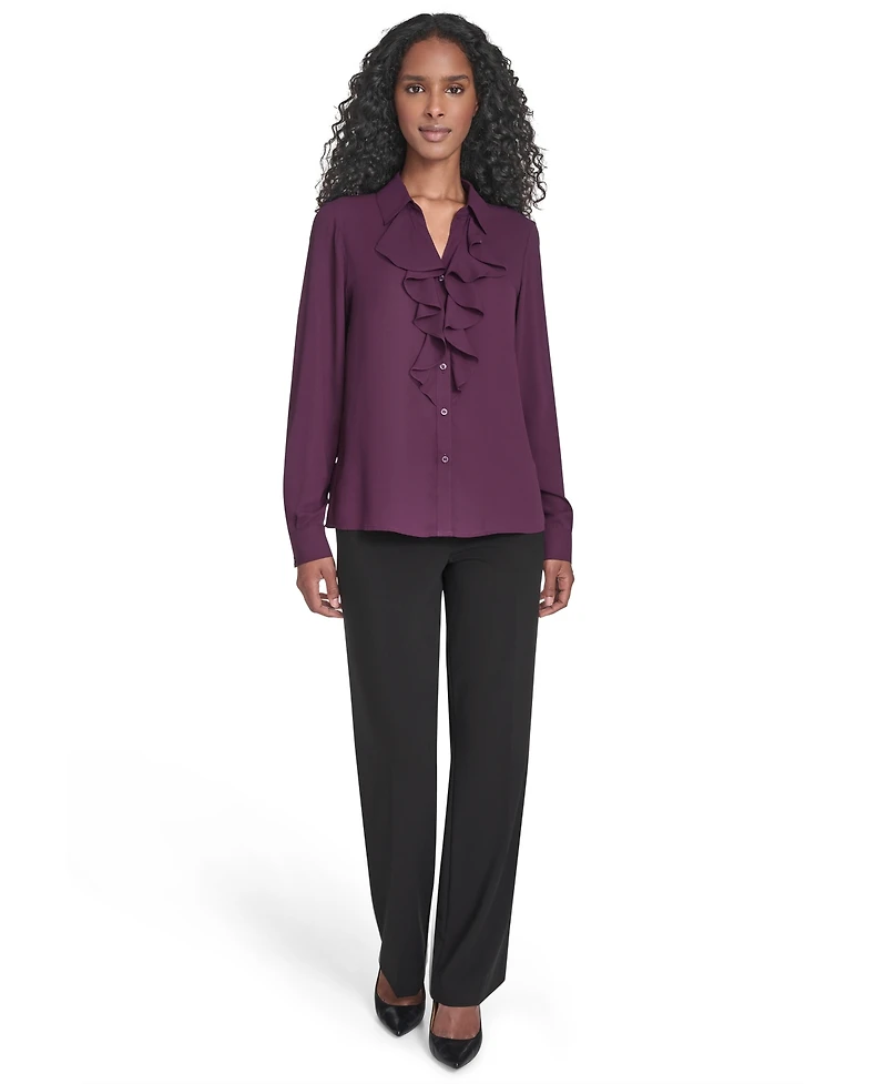 Calvin Klein Women's Solid Long Sleeve Ruffle Front Blouse