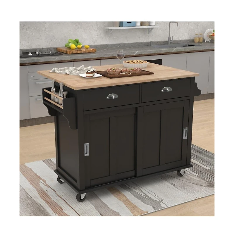 Maison Boucle 52" Rolling Kitchen Island with Drop Leaf, Sliding Barn Door & Adjustable Storage, Mobile Cart Towel Spice Rack-Maison