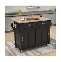 Maison Boucle 52" Rolling Kitchen Island with Drop Leaf, Sliding Barn Door & Adjustable Storage, Mobile Cart Towel Spice Rack-Maison