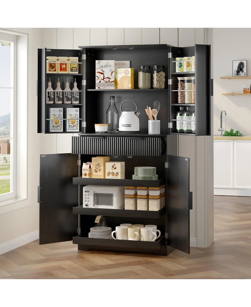 Streamdale Furniture 72" Fluted Pantry Cabinet - Keyboard Drawers & Adjustable Shelves Black