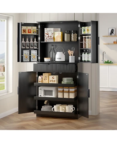 Streamdale Furniture 72" Fluted Pantry Cabinet - Keyboard Drawers & Adjustable Shelves Black