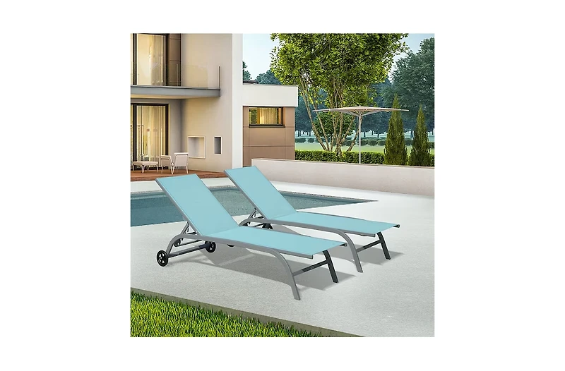 Chaise Lounge Outdoor Set of 2,Woven Stackable Gray Aluminum Frame Stationary Chaise Lounge Chair with Blue Woven Seat