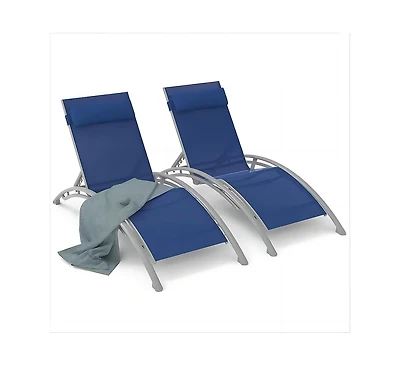 Clihome Outdoor Chaise Lounge Set of 2,Woven Stackable Gray Aluminum Frame Stationary Chaise Lounge Chair with Blue Woven Seat