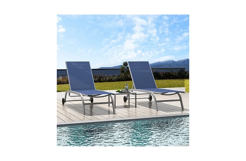 Clihome Chaise Lounge Outdoor Set of 3 -Piece Woven Patio Conversation Set with Blue