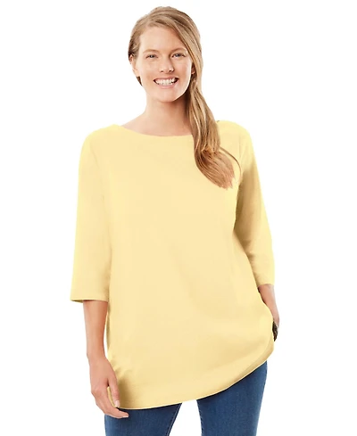 Woman Within Plus Perfect Three-Quarter Sleeve Boatneck Tee
