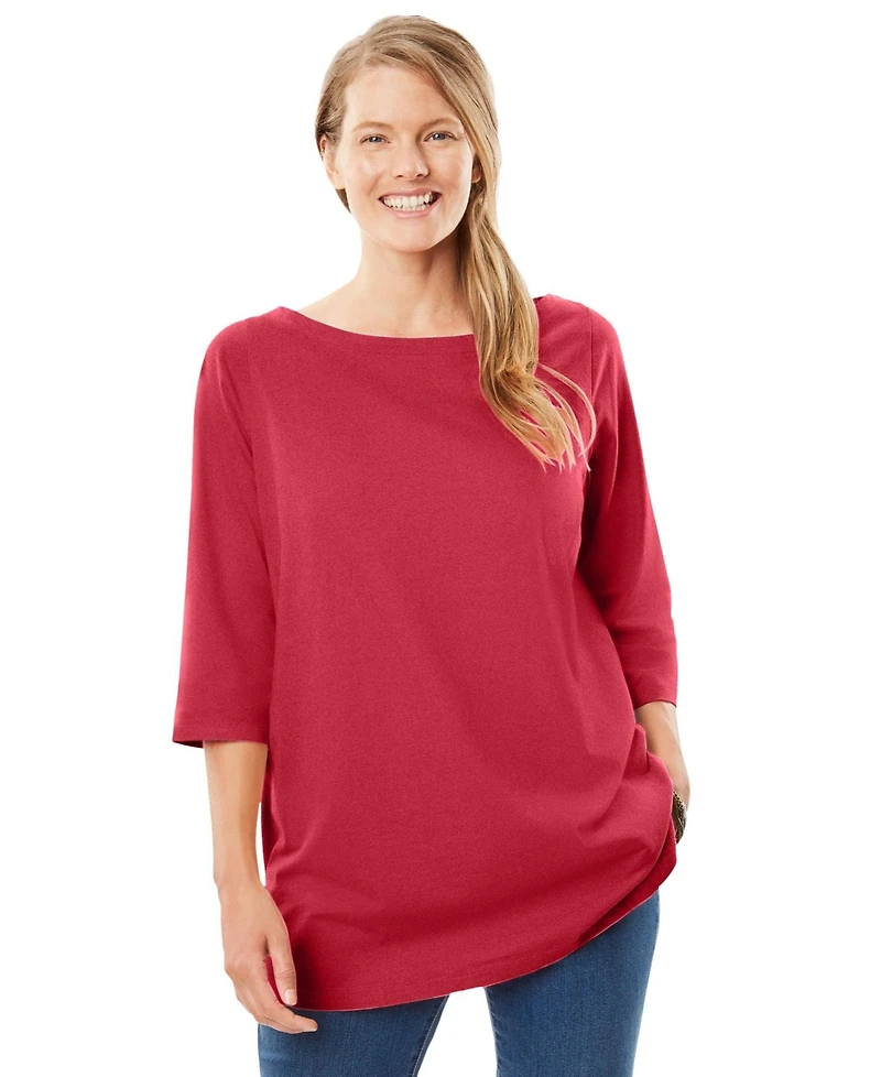 Woman Within Women's Perfect Three-Quarter Sleeve Boatneck Tee