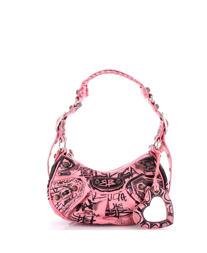 Pre-Owned Balenciaga Xs Le Cagole Graffiti Giant Studs Shoulder Bag Leather