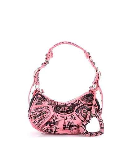 Pre-Owned Balenciaga Xs Le Cagole Graffiti Giant Studs Shoulder Bag Leather