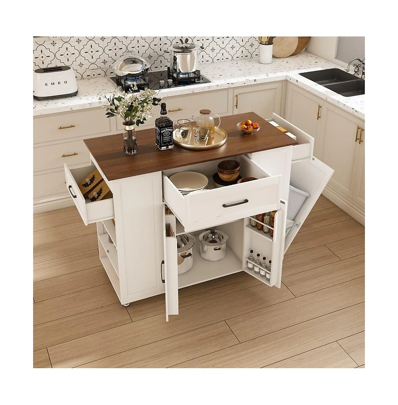 Maison Boucle 46" Kitchen Island with Power Outlet, Drawers & Cabinet, Rolling Farmhouse Cart with Wood Top & Locking Wheels-Maison Boucle
