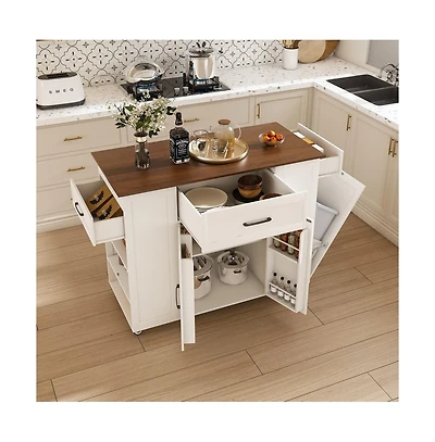Maison Boucle 46" Kitchen Island with Power Outlet, Drawers & Cabinet, Rolling Farmhouse Cart with Wood Top & Locking Wheels-Maison Boucle
