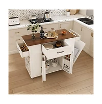 Maison Boucle 46" Kitchen Island with Power Outlet, Drawers & Cabinet, Rolling Farmhouse Cart with Wood Top & Locking Wheels-Maison Boucle