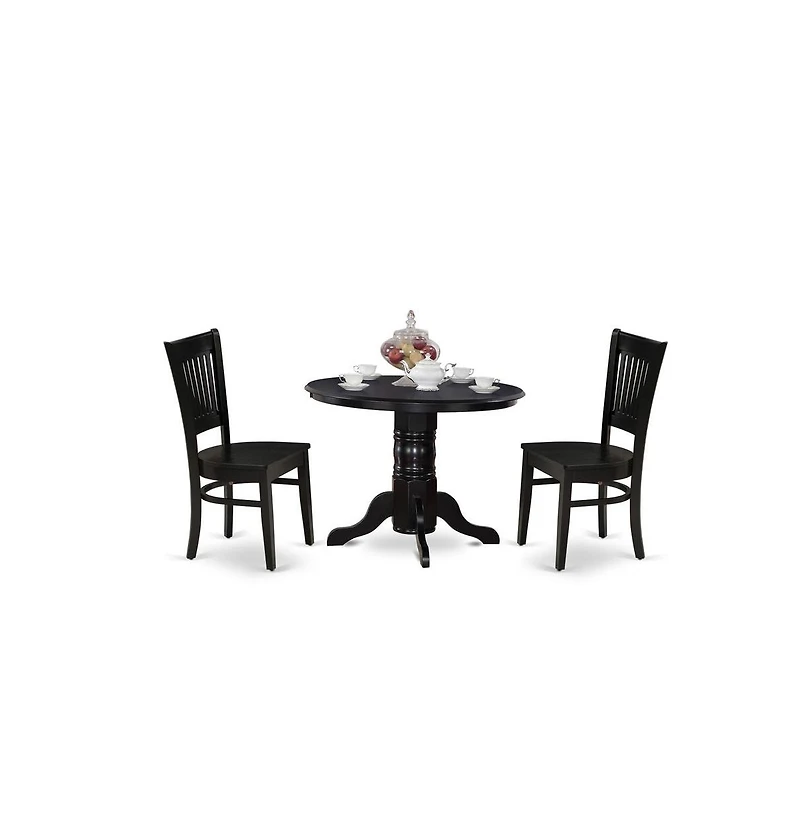 East West Furniture - SHVA3-blk-w - 3-Piece Modern Dining Table Set- 2 Modern Chair and Kitchen Dining Table - Wooden Seat and Slatted Chair Back