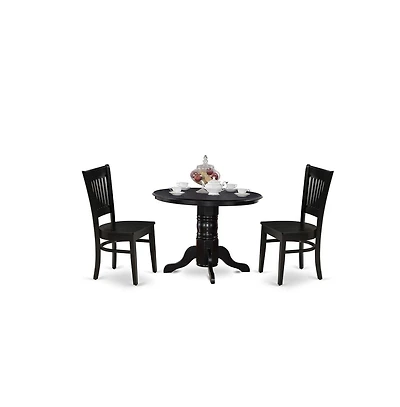 East West Furniture - SHVA3-blk-w - 3-Piece Modern Dining Table Set- 2 Modern Chair and Kitchen Dining Table - Wooden Seat and Slatted Chair Back