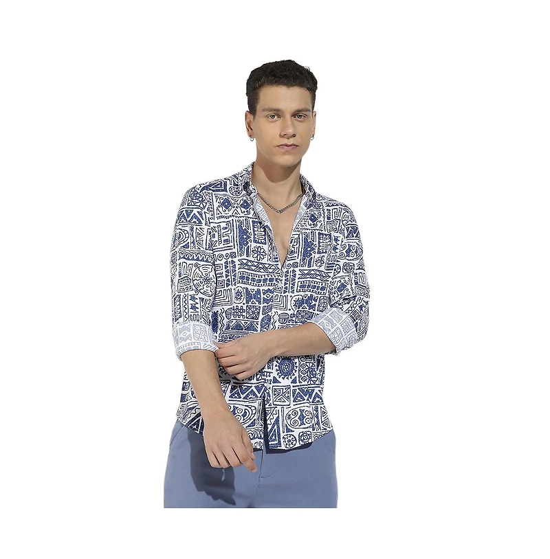 Campus Sutra Men's Indigo Blue Contrast Aztec Shirt