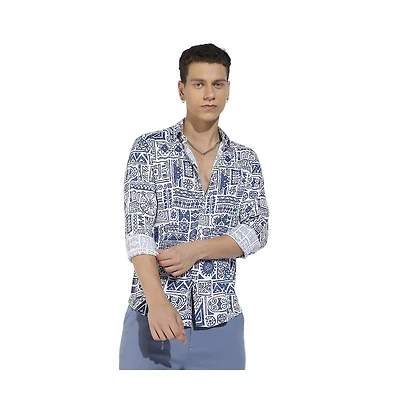 Campus Sutra Men's Indigo Blue Contrast Aztec Shirt