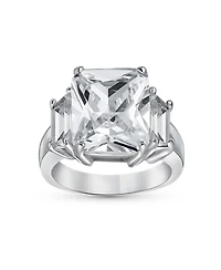 Bling Jewelry Art Deco Style 8CT Cz Emerlad Cut Cocktail Statement Ring .925 Sterling Silver Cubic Zirconia Baguette Side Stones