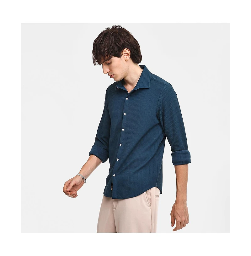 Campus Sutra Men's Aegean Blue Stripe-Creased Shirt