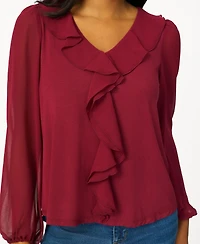 Cable & Gauge Women's Poet Chiffon Ruffle V-Neck Knit Top
