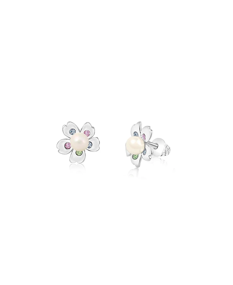 Chanteur Girls /Girl/Flower White Pearl Crystal White Gold Palladium Plating Screwstud Earring