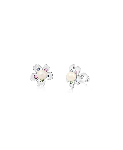 Chanteur Girls /Girl/Flower White Pearl Crystal White Gold Palladium Plating Screwstud Earring