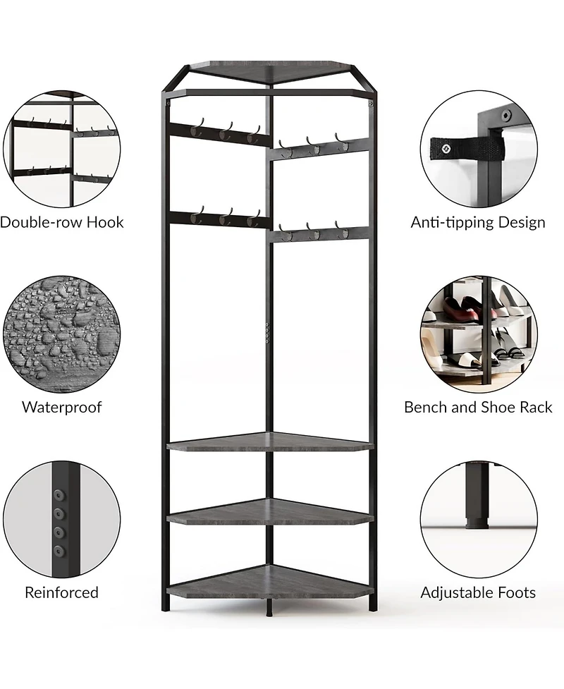 gaomon Corner Coat Rack with Shoe Bench Entryway and 12 Double Hooks, Corner Hall Tree