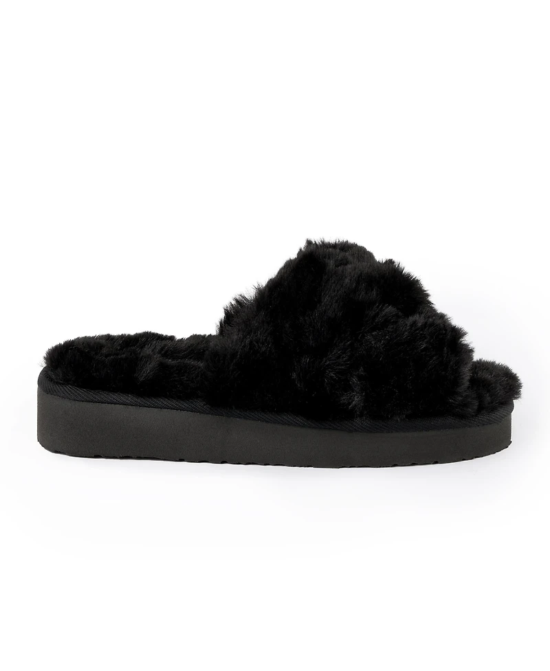 Minnetonka Women's Teddy Crossband Faux Fur Slippers