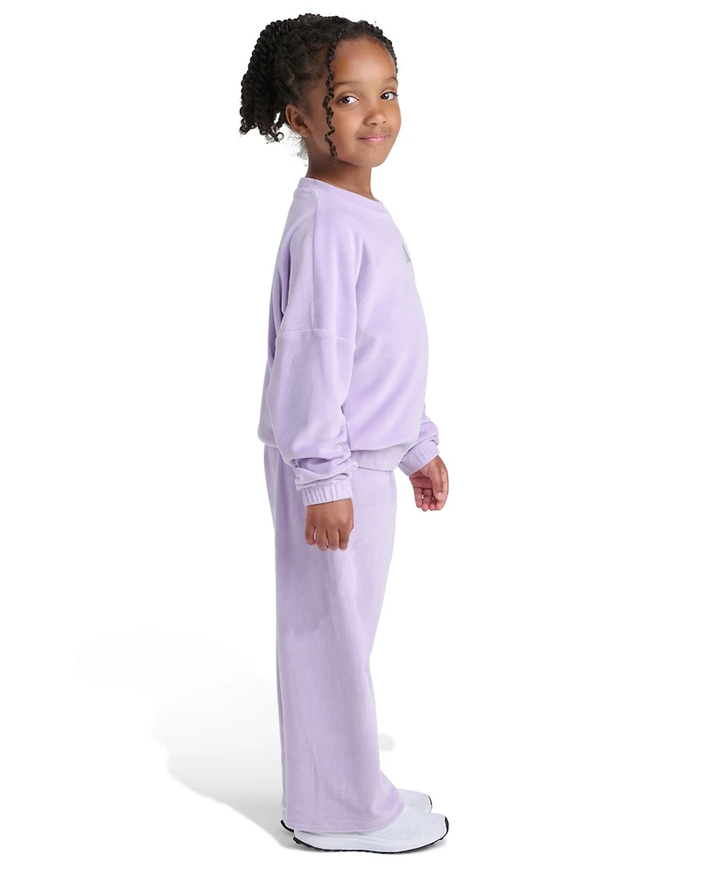 Adidas Toddler and Little Girls Two Piece Crewneck Velour Sweatshirt Wide Leg Pants Set