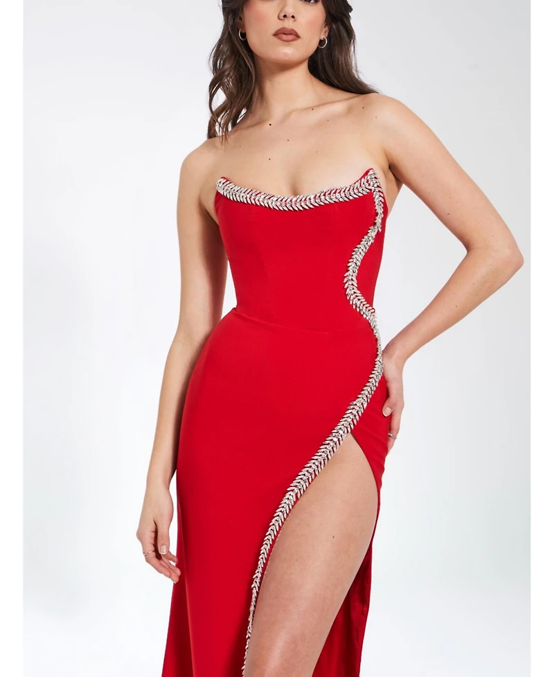 Miss Circle Women's Xoana Red Crystal Embellished High Slit Gown