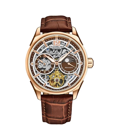 Stuhrling Vanguard 1019.03 Legacy Collection Dual Time Automatic Skeleton Watch 42mm Rose Gold Tone Brown Dial Leather Strap