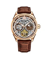 Stuhrling Vanguard 1019.03 Legacy Collection Dual Time Automatic Skeleton Watch 42mm Rose Gold Tone Brown Dial Leather Strap