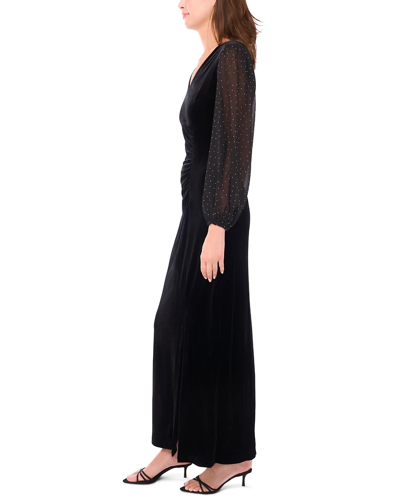 Msk Women's Velvet V-Neck and Balloon Sleeve Maxi Dress