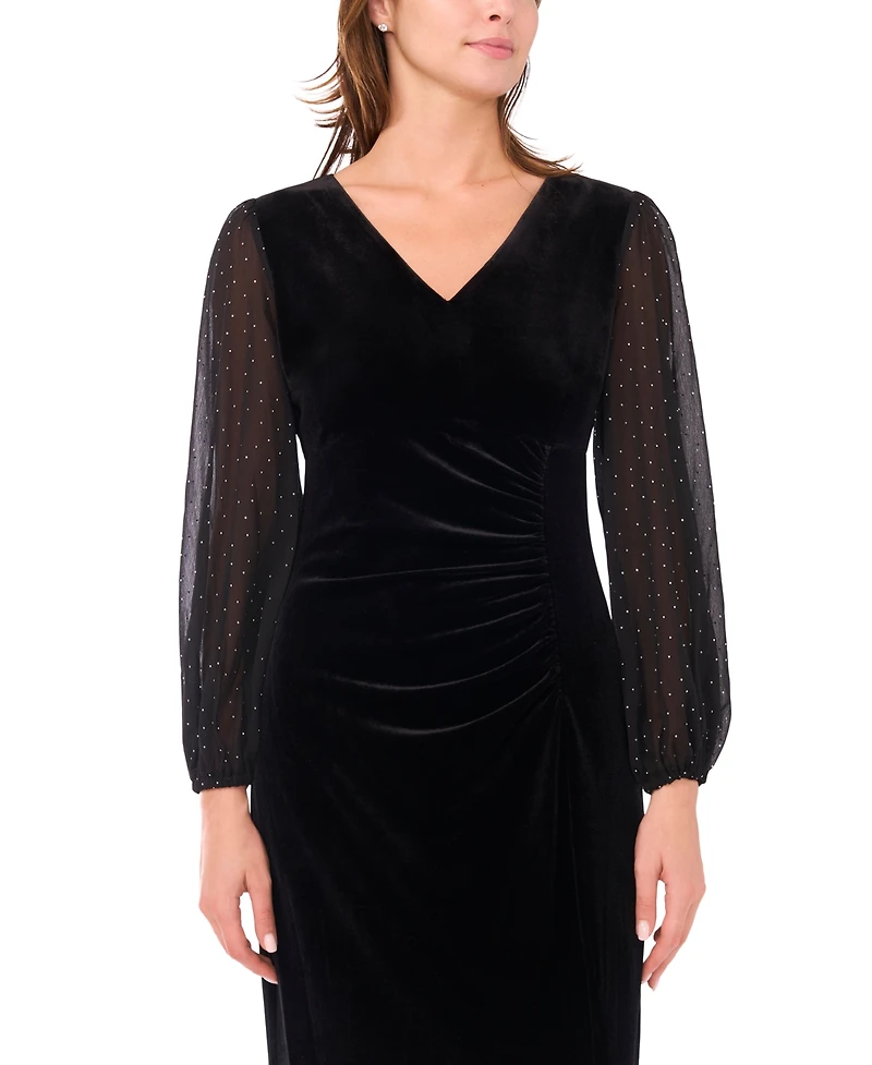 Msk Women's Velvet V-Neck and Balloon Sleeve Maxi Dress