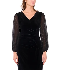 Msk Women's Velvet V-Neck and Balloon Sleeve Maxi Dress