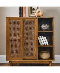 Casainc Mid Century Rattan Sideboard with Adjustable Shelf and Solid Wood Feet for Home Use