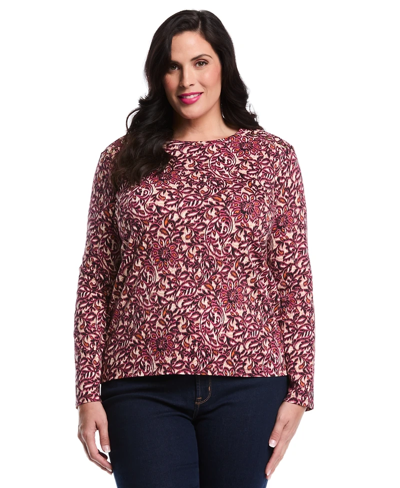Rafaella Plus Elegant Print Laced Crew Neck Long Sleeve Top