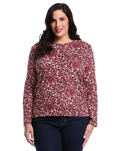 Rafaella Plus Elegant Print Laced Crew Neck Long Sleeve Top